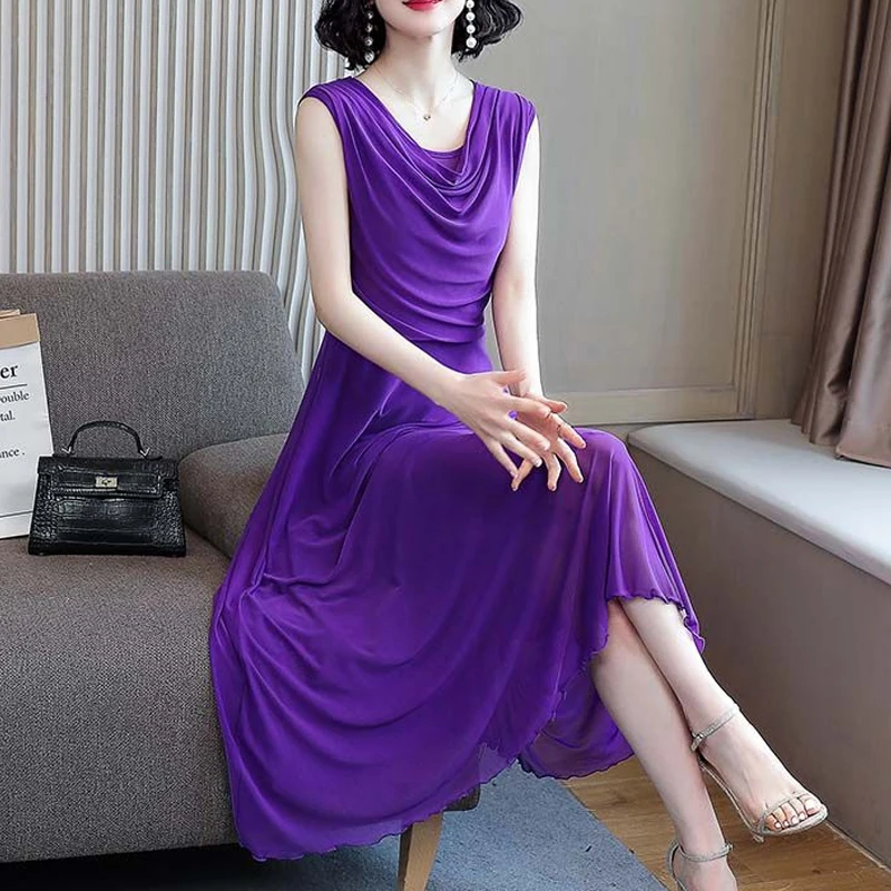 Sleeveless Pleated Solid Color Ladies Dresses Summer New Net Yarn Asymmetrical Elegant Dress Temperament Fashion Women Clothing