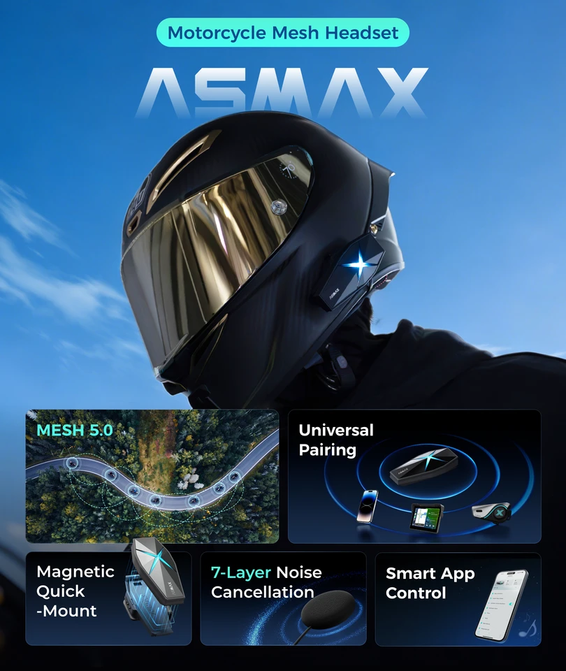 ASMAX F1 ブルートゥースバイクヘッドセット IP67防水 Hi-Fi音質