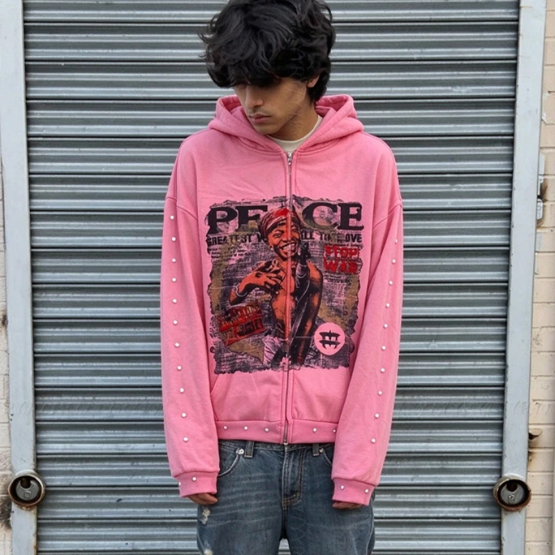 Y2K Zip Up Hoodie Pink Retro Graphic Portrait Print Pearl Studded Sleeve Grunge Vintage Streetwear Unisex Jacket Outwear