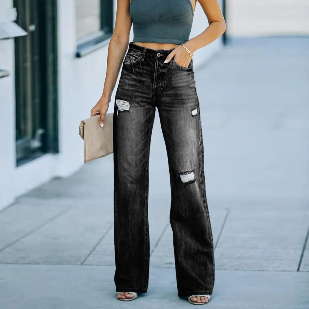 Women Jeans Wide Leg Pants Holes Washing Ankle Length Pants Denim Pockets Solid Color Spring 2024 Loose Fit High Street