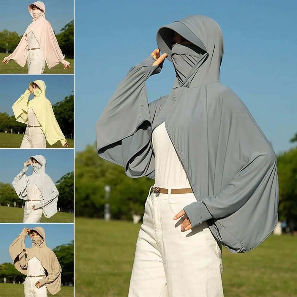 Fashion Ice Silk Sunscreen Shawl Long Sleeve Quick Drying Driving Short Cloak Breathable Anti-UV Sunscreen Hoodie for Women
