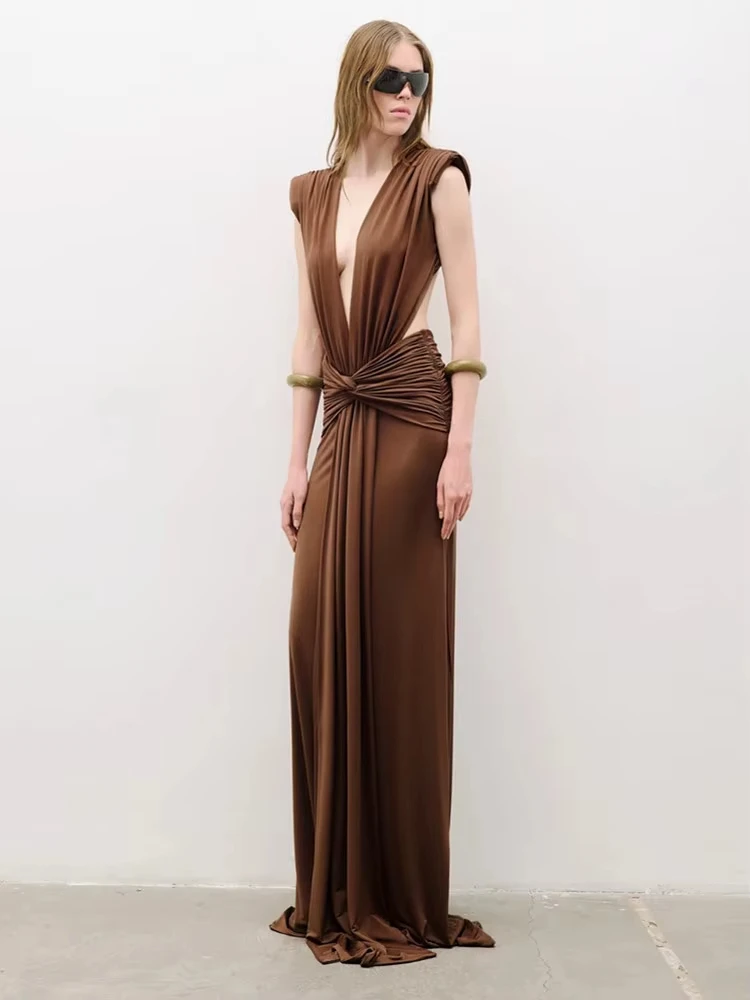 

Женское сексуальное платье макси с V-образным вырезом и открытой спиной, коричневое, элегантное, для вечеринок и клубов, в стиле знаменитостей, 2026, длинное платье-вейстидо