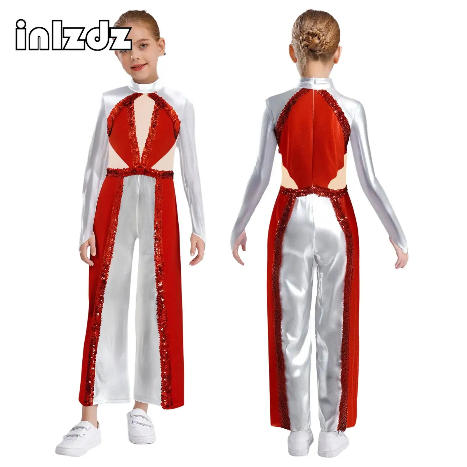 

Kids Girls Rhythmic Gymnastics Figure Skating Dance Jumpsuit Sequins Mock Neck Long Sleeve Mesh Bodysuit for Stage Performance