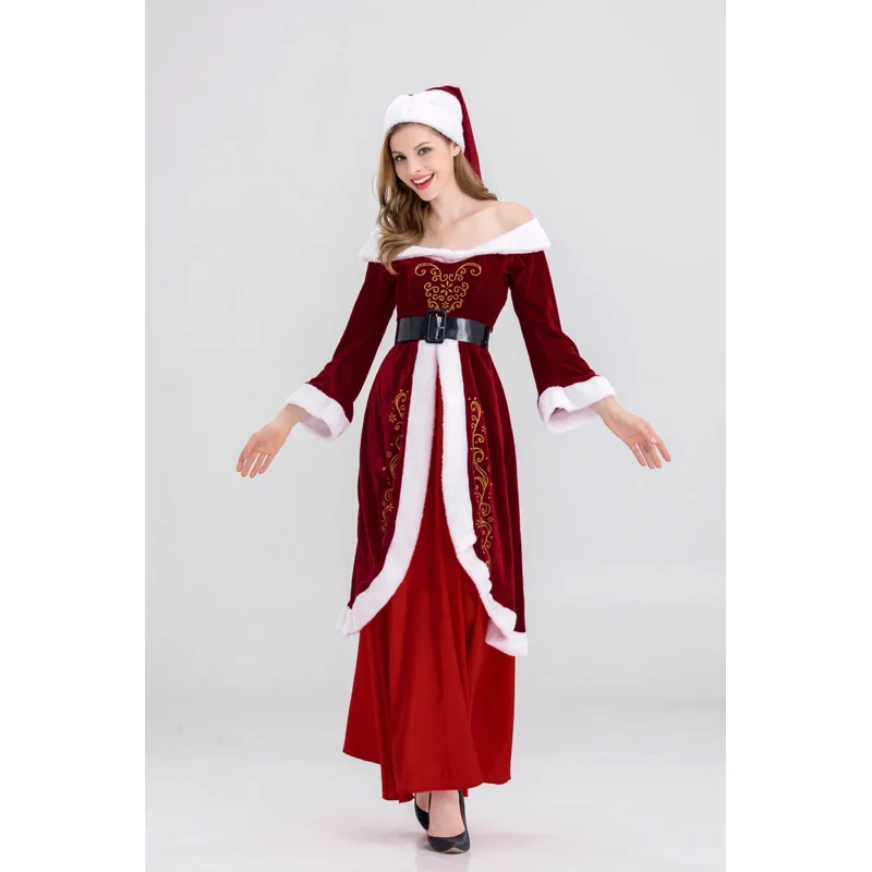 Disfraz de Navidad de lujo para hombres y mujeres, traje de cosplay de tela de lujo, uniforme de Papá Noel para parejas, trajes de vacaciones