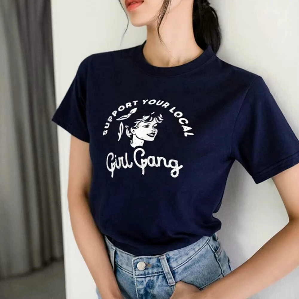 

Support Your Local Girl Gang Printing Vintage Style Feminise Navy T Shirts Summer Short Sleeve Loose Cotton Casual Tops Tees