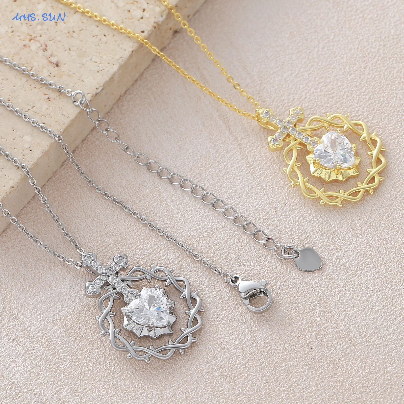 SUNSLL Personalized Thorn Cross Heart Shaped Zircon Inlaid Pendant Necklace Women Jewelry Daily Commute Party Wear Jewelry