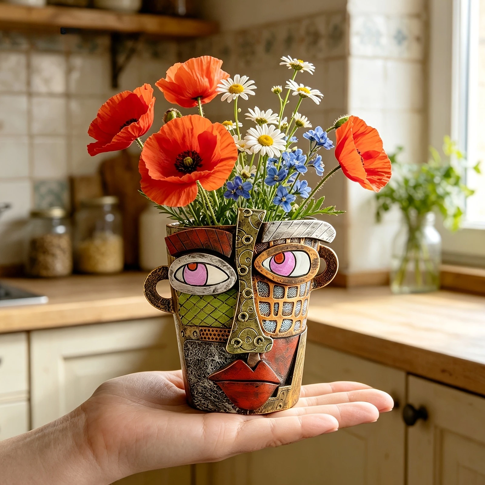 Retro Abstract Human Face Resin Flower Pot Creative Art Head Succulent Planter Indoor Outdoor Desktop Garden Home Decor Ornament