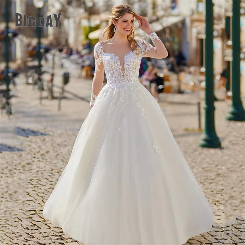 Elegant A-Line Wedding Dress For Women 2024 Lace Open Back Long Sleeve V-Neck Applique Bridal Gown Sweep Train Vestidos De Noiva