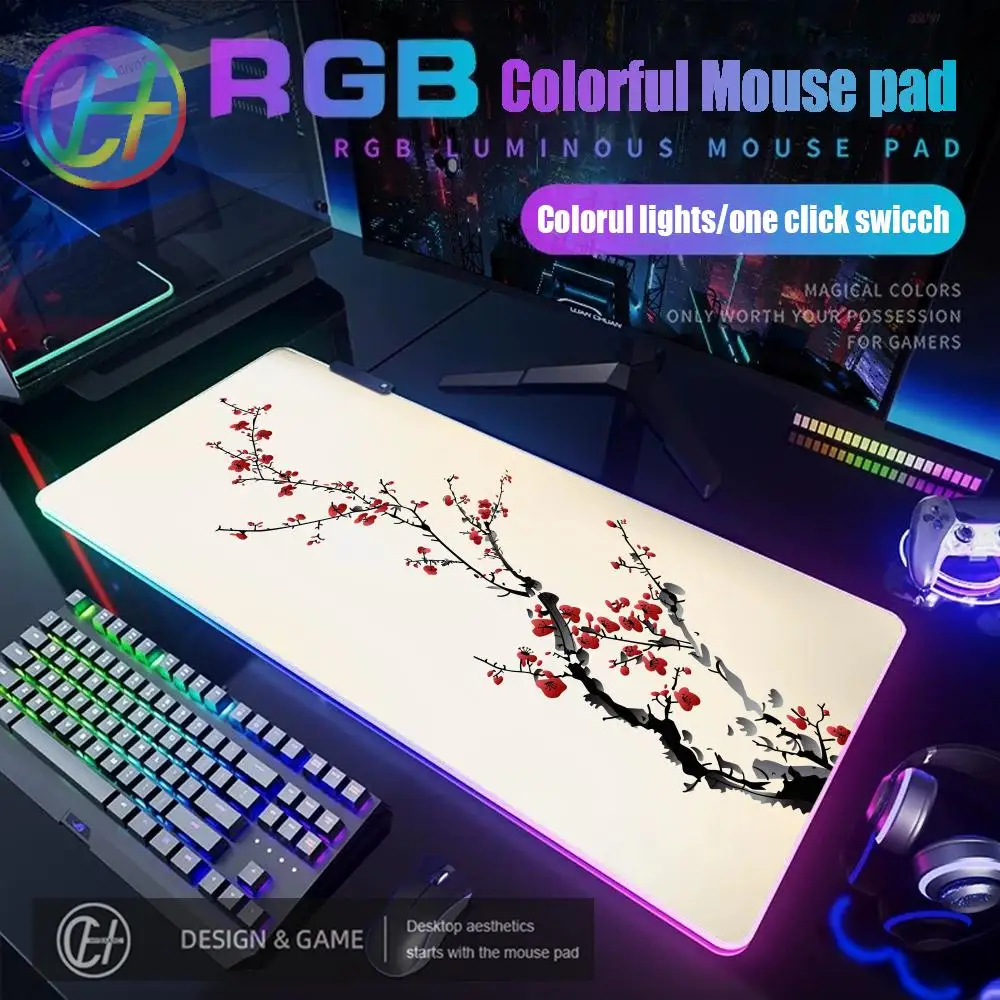 

Коврик для мыши в стиле росписи тушью сливы RGB игровой настольный коврик HD геймер большой светодиодный светильник XXL коврики для мыши ПК компьютерный ковер
