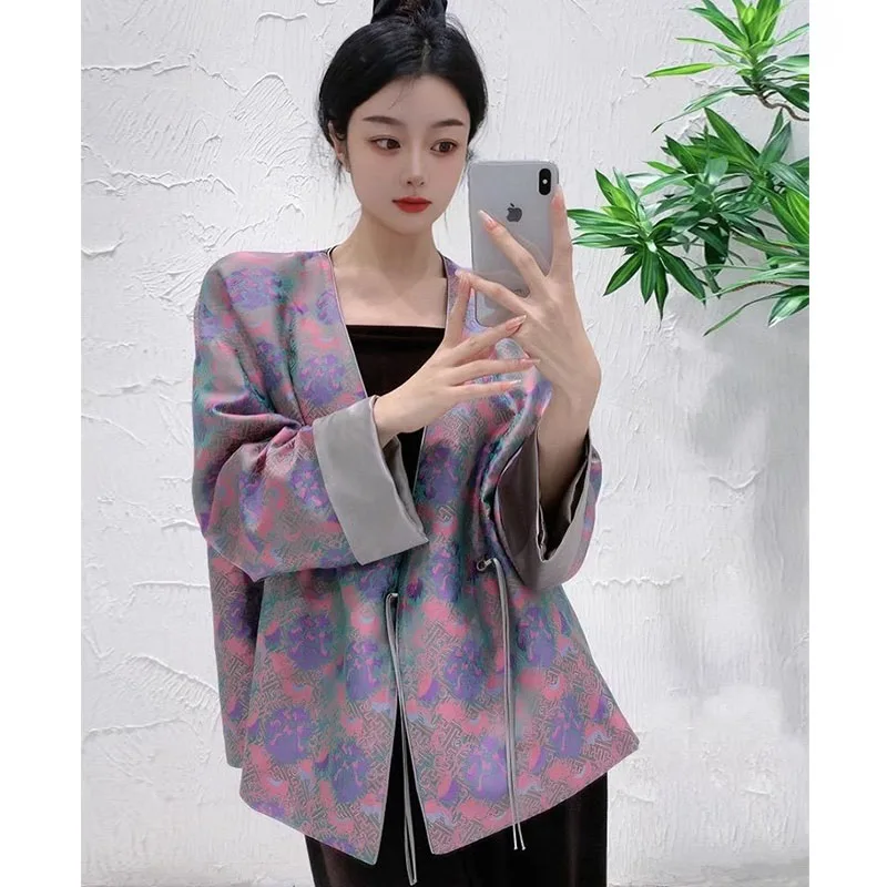 

Новая женская куртка в китайском стиле, весна 2026, маленький размер, высококачественный топ на пуговицах в национальном стиле, свободный крой с принтом