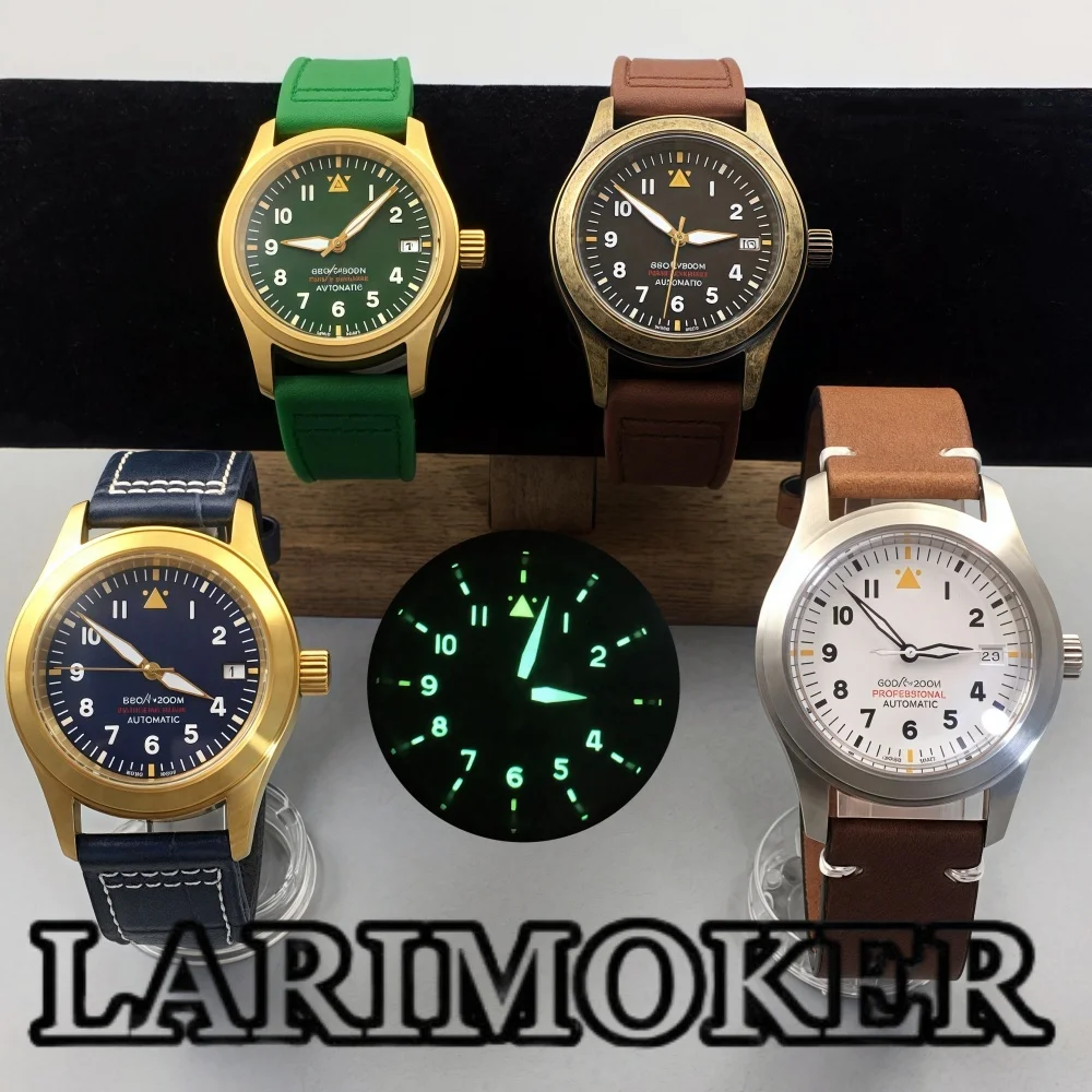 Larimoker36mm/39mm NH35A automatic diving pilot men's watch sapphire glass green luminous dial screw crown brushed baffle