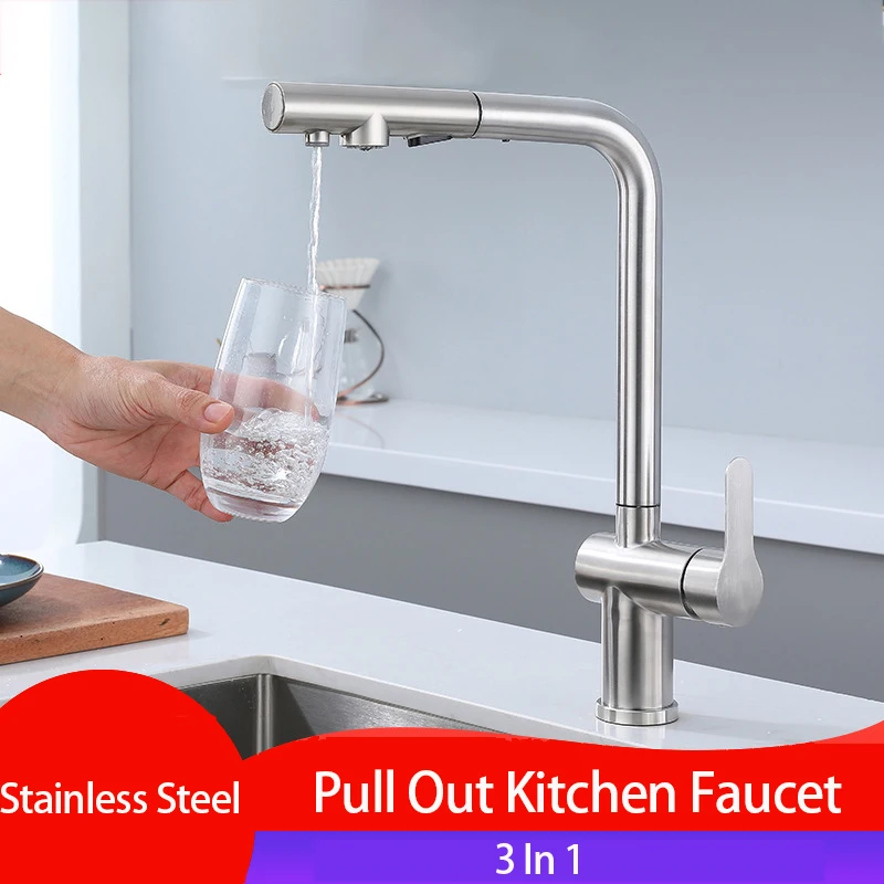 Keran Wastafel Dapur Tarik Keluar Dua Model Nosel Penyemprot Aliran Baja Tahan Karat Keran Mixer Air Panas Dingin Air Minum Filter 3 Arah