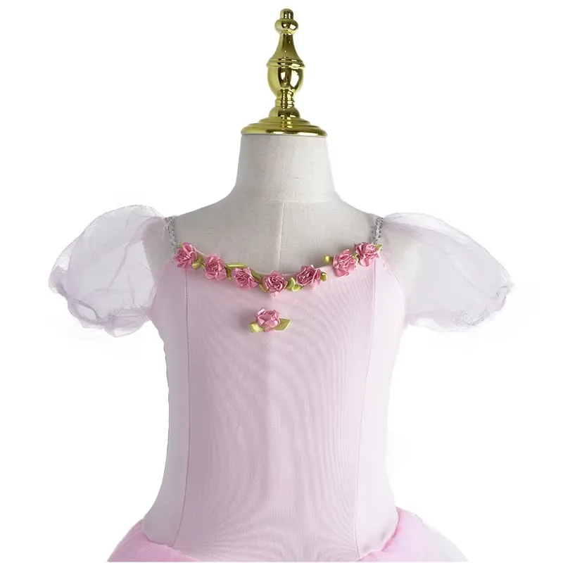 子供ジゼルバレエ衣装女の子のためのロングバレエレオタードダンスドレスレースバブルスリーブチュールスカートチュチュバレリーナダンスウェア