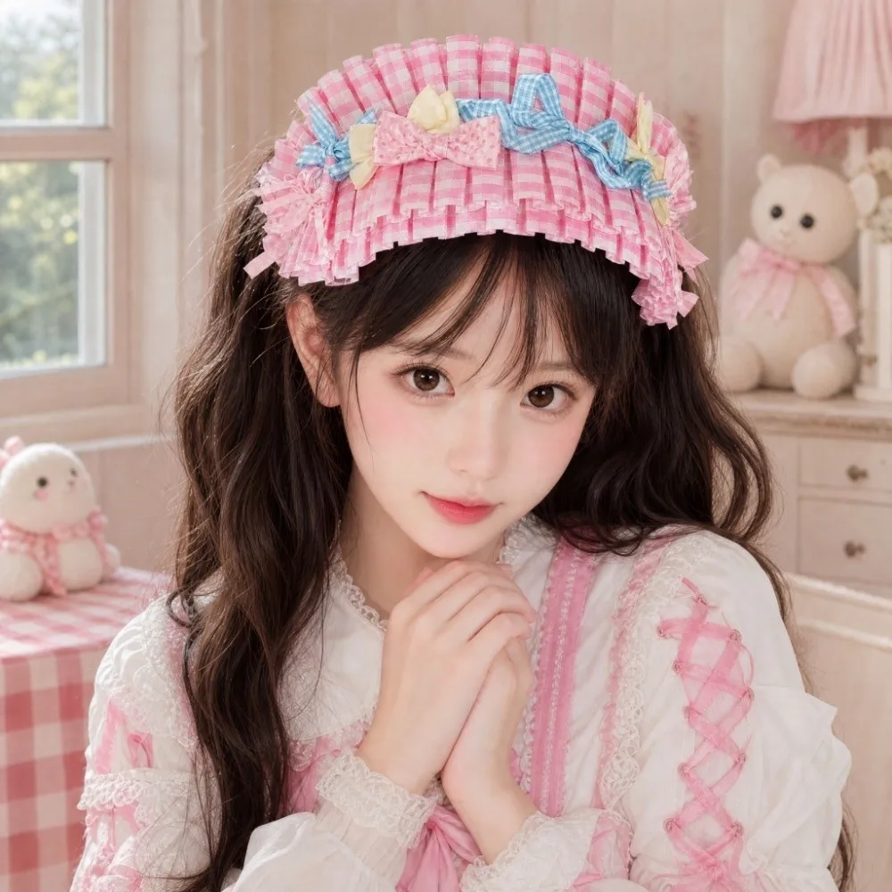 Imitation Pearl Pink Plaid Headband Vintage Adjustable Lace Bow Hair Accessory Elegant Ruffled Lace Lolita Hair Band