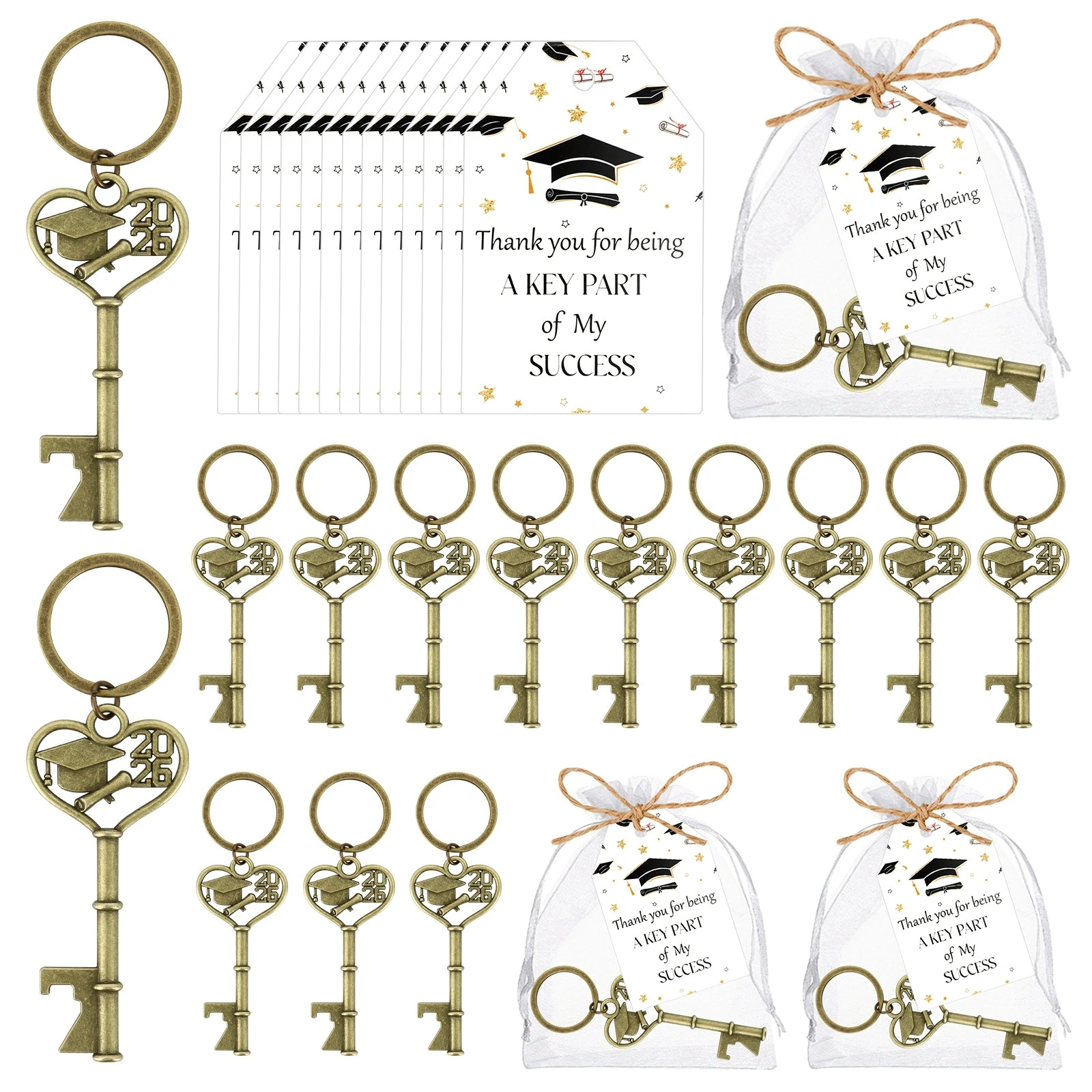 

12 Packs 2026 Graduation Key Bottle Opener Favors, Vintage Key Shaped Openers with Thank You Tags & Organza Bags, Graduation Par