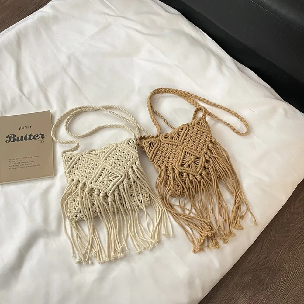 New Bohemian Straw Woven Bag Large Capacity Braid Design Crochet Shoulder Bag Cotton Ultralight Handmade Knitted Handbag Outdoor