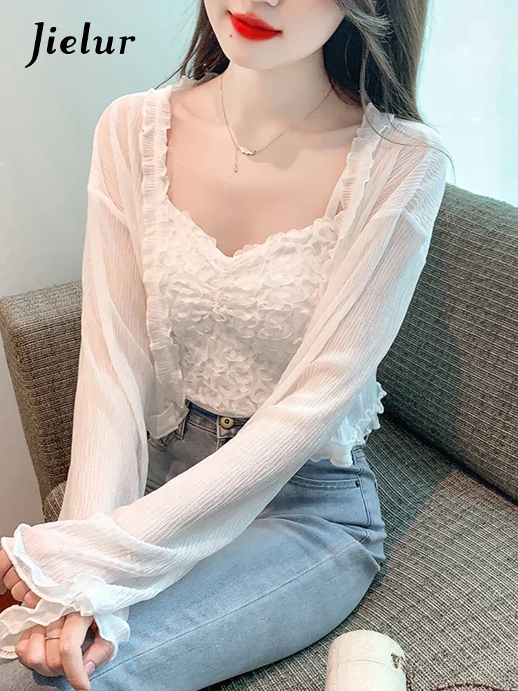 Jielur Two Piece Summer New Korean Solid Color Camis Sweet Elegant Ladies Simple Basic Camis Woman White Apricot Loose Top