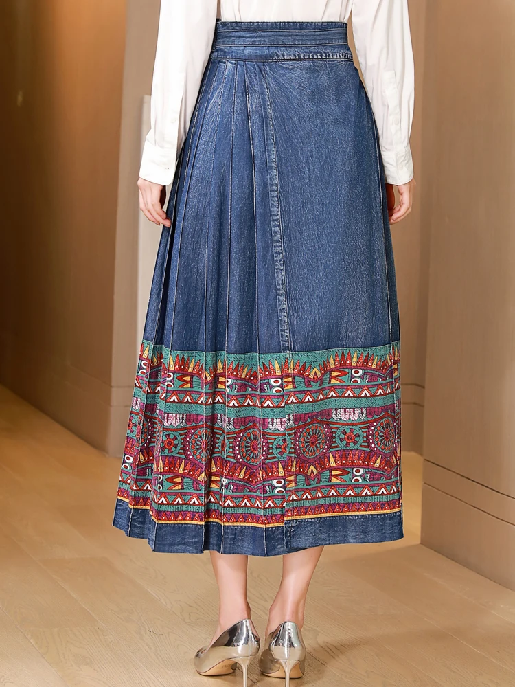 TIYIHAILEY Free Shipping 2024 New Fashion Long Maxi Denim Jeans Women Chinese Style Spring Autumn Elastic Print Pleated Skirts