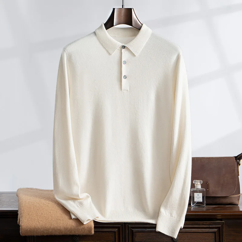 100% Cashmere Sweater Men\'s Knitted POLO Collar Pullover Casual High Waisted Knitted Straight Leg Pants Winter Warm Menswear