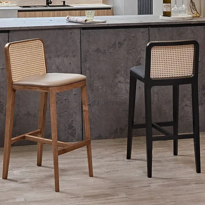 Nordic Simple Retro Bar Furniture Solid Wood Rattan Bar Chairs Home Creative Front Desk High Stools Modern Backrest Bar Chair