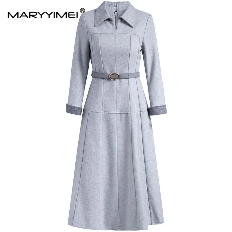 MARYYIMEI Autumn Winter Fashion Women\'s dress Turn-down Collar Nine quarter sleeves Lace up Commuting Elegance Dresses