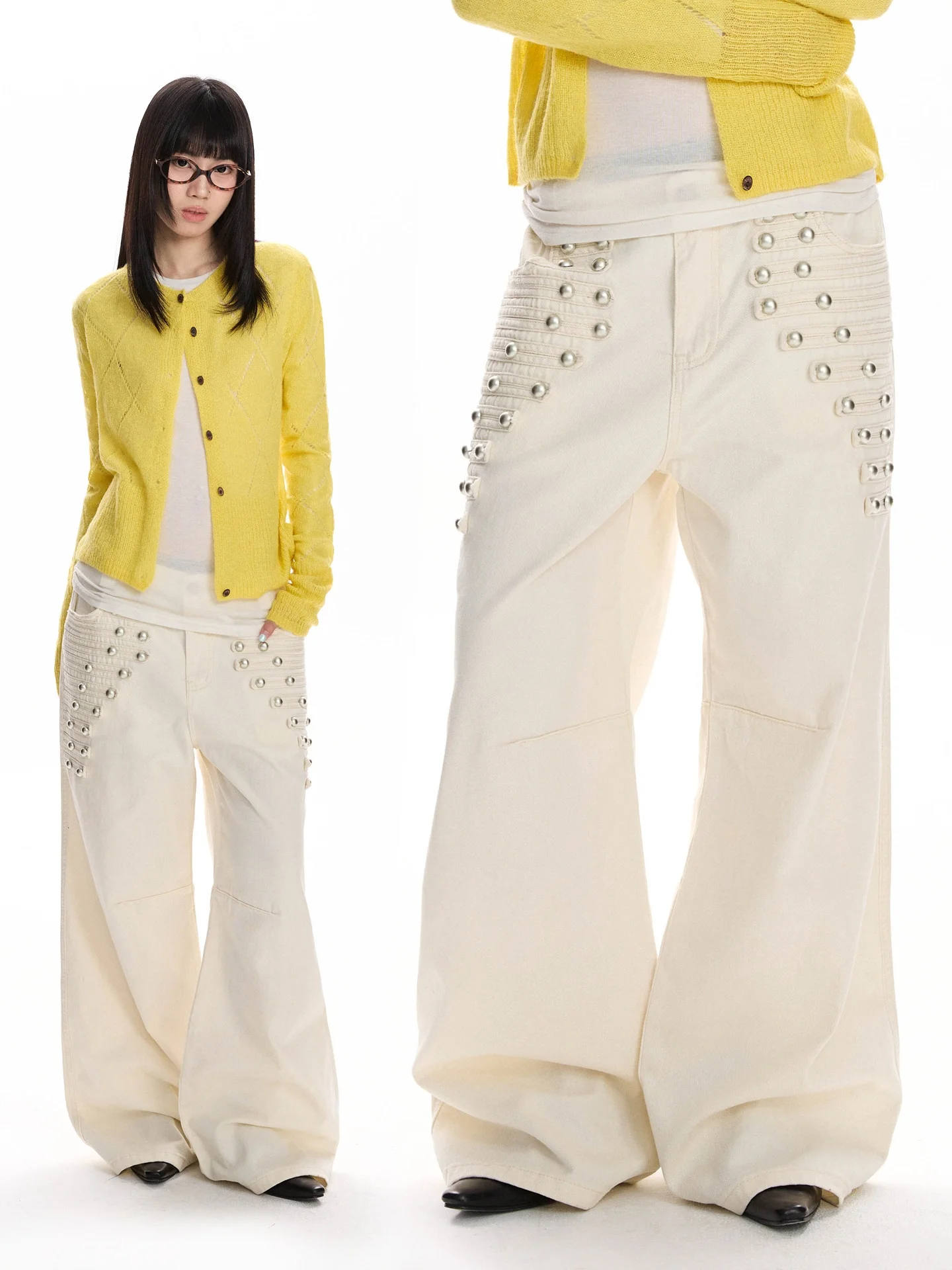 American Street Court Style Metal Buckle Design Flared Jeans Men's Women's Napoleon Loose Waist Wide Leg Floor-Length Pants