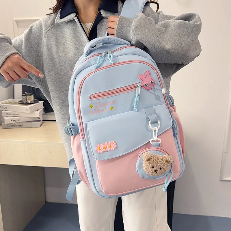 Girls Backpack Lightweight Ergonomic Nylon Sweet Color Block Student School Bag Campus Casual Backpack