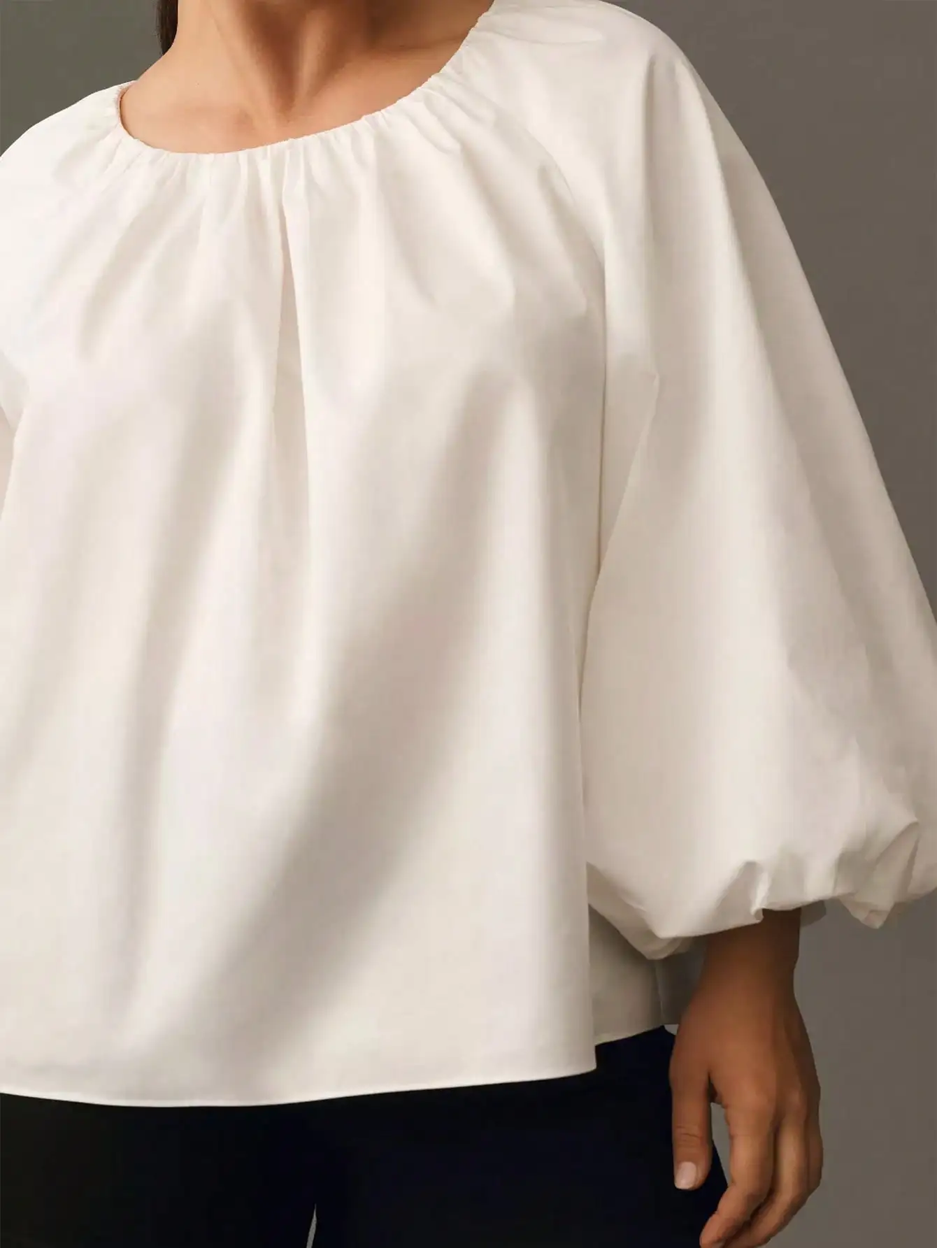 Damska bluzka Plus Size z okrągłym dekoltem, eleganckie, solidne topy, latarnia, z długim rękawem, luźna, modna bluzka, zapinana na guziki z tyłu