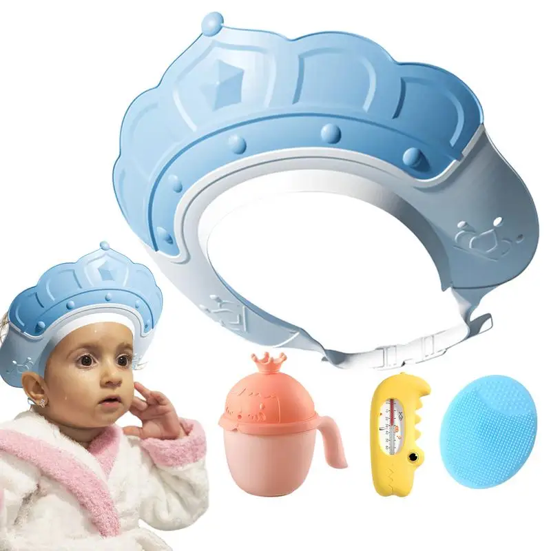 Kids Shower Cap Bath Visor With Water Temperature Gauge And Shampoo Cup Shampoo Cap With Shampoo Brush Protect Ears Eyes