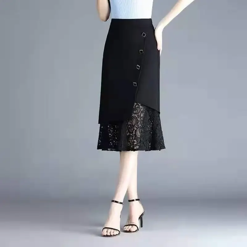 

Solid Spliced Lace Empire Women's Clothing Nylon Cotton Button Mid-calf A-line Skirt Dimensional Cut Spring Summer ZT303