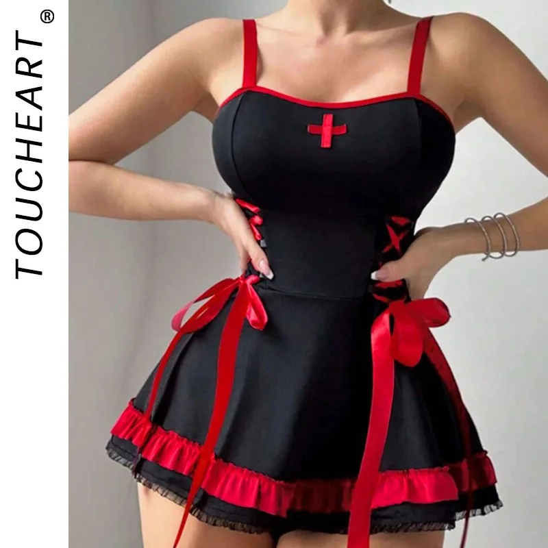 

Toucheart Halloween Sexy Nurse Cosplay Uniform Slim Plunge Contrast Color Interesting Erotic Seductive Hot Girls Uniform Set