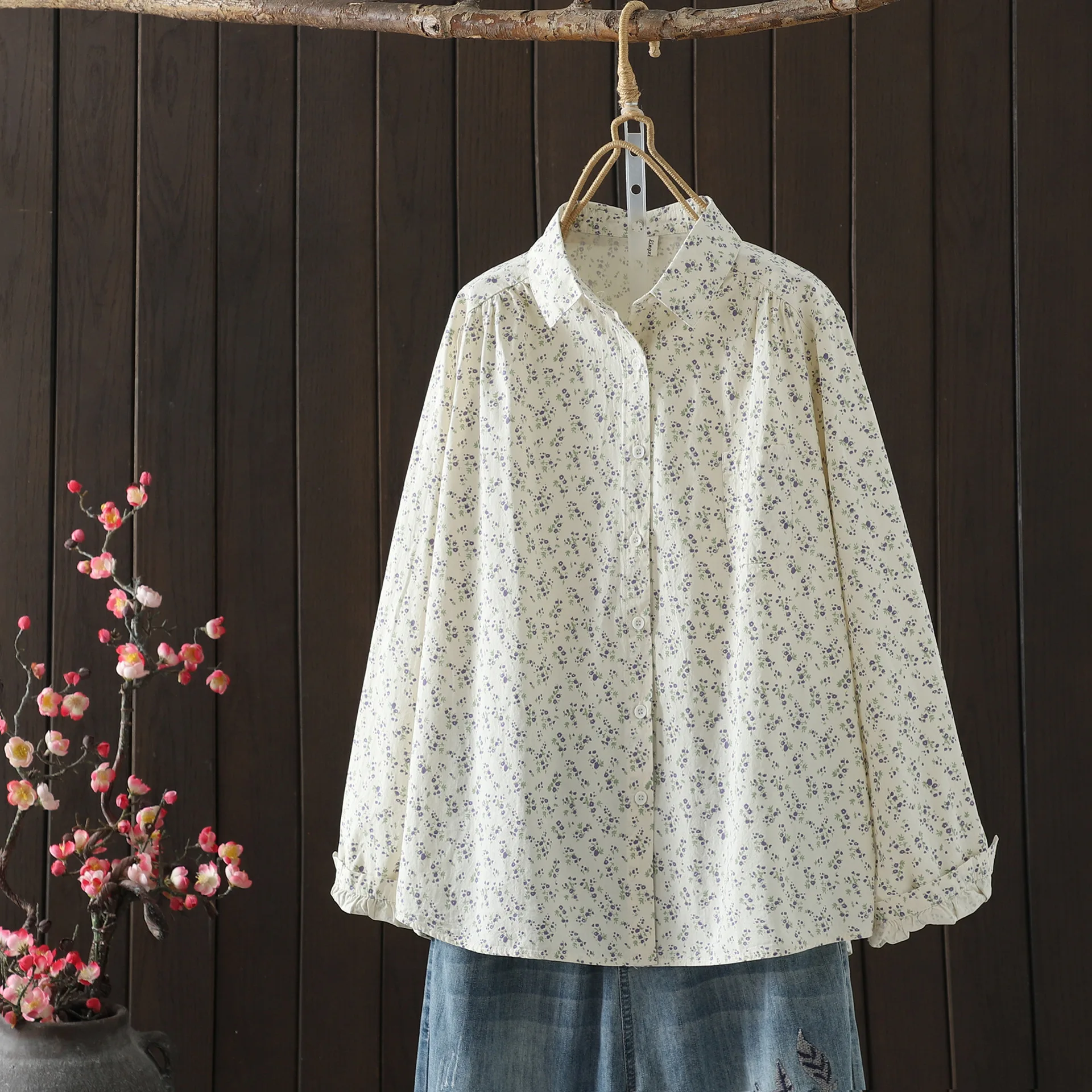 جديد 2025 الخريف قميص قطني بكم طويل ، المرأة بدوره إلى أسفل طوق المطبوعة ، موري فتاة الفرنسية تخفيف بلوزة فضفاضة غير رسمية T58648CC