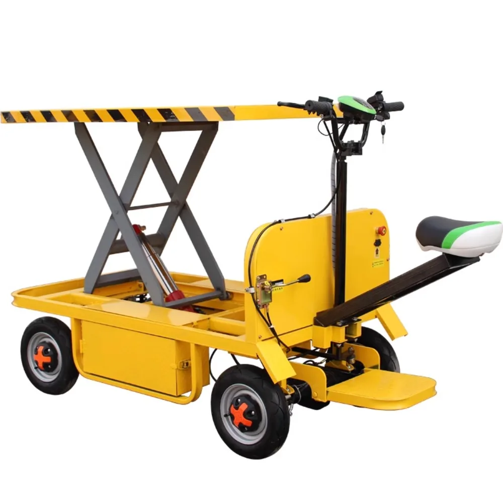 

Electric flatbed lift scissor-type mobile platform hand-push transport vehicle to carry goods in warehouse