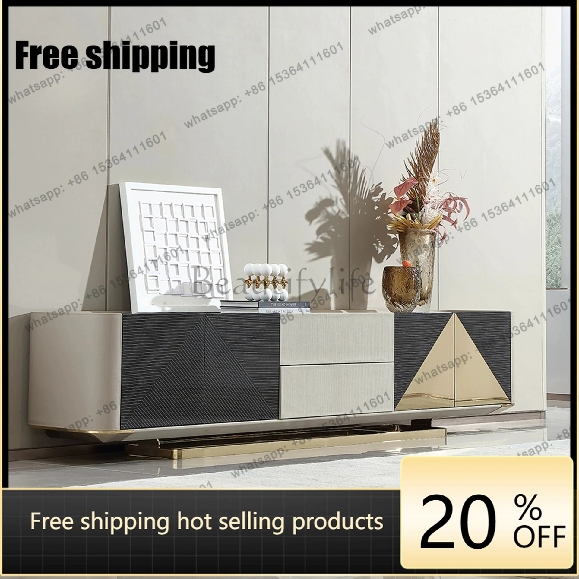 hot   light luxury TV cabinet is fully installed against the wall, simple solid wood decorative cabinet villa home living