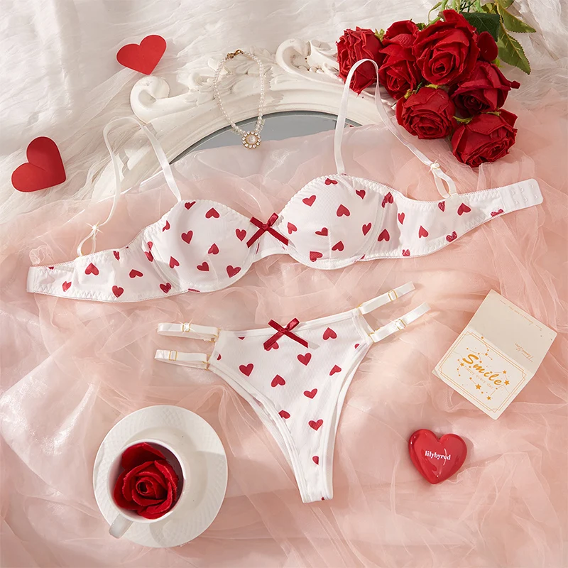 

Sexy Lingerie Female Heart Print Bra Set Soft Breathable Lingerie Set Ultrathin Hot Lingerie Cute Bow Romantic Women's Underwear