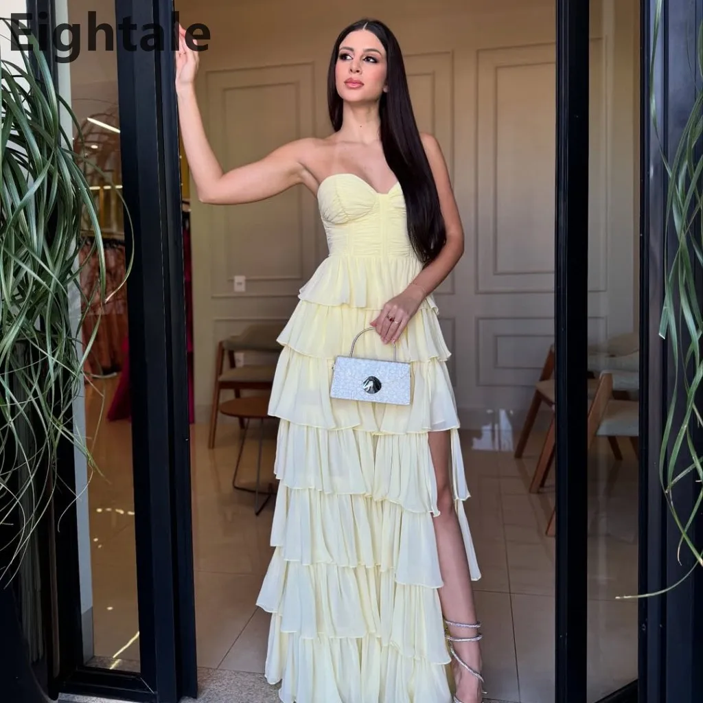 

Eightale 2025 Yellow A Line Tiered Chiffon Maxi Evening Dress Saudi Prom Dress Dubai Party Gown Customized Vestidos de gala