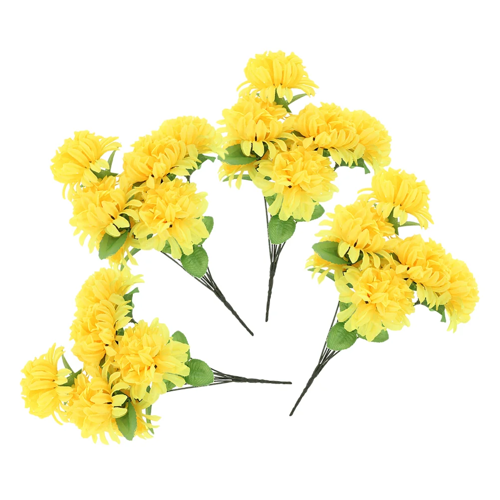 4 Pcs Chrysanthemum Bouquet 7 Yellow Artificial Cemetery Chrysanthemum Flowers Cemetery Grave Decoration Faux Floral Stem