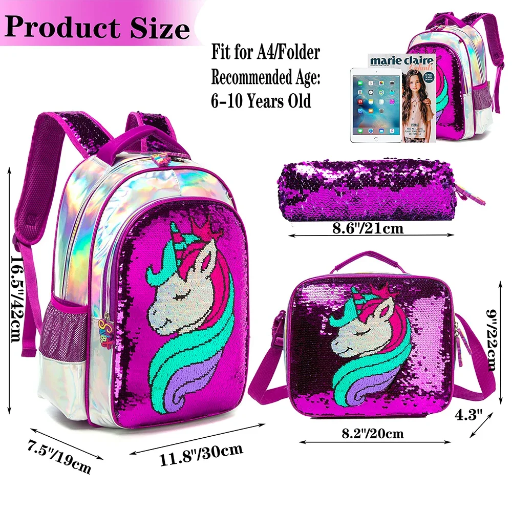 BIKAB Unicorn School Bag Double Sided Sequin Backpack Set Lightweight Kawaii Backpack Girl Backpack School Supplies for Girls