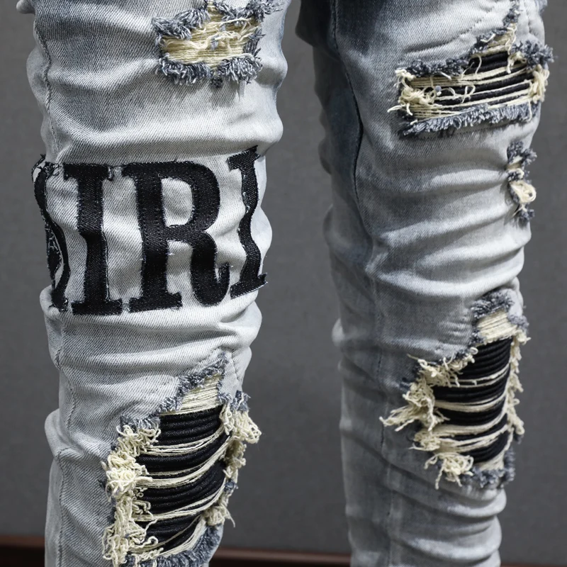 Designer High Street Fashion Men's Blue Jeans Stretch Tight Washed Letter Jeans Patchwork Hip Hop Style Embroidered Pants