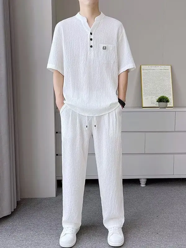 Summer New Casual Ice Silk V-neck Loose Fit Short Sleeve Long Pants Two-piece Set Lightweight Wrinkle Elastic Men's Suit