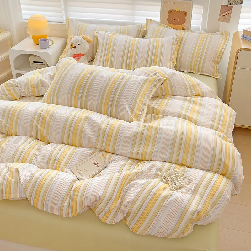 Light Yellow Striped Thick Duvet Cover Set Reversible Geometric Comforter Cover with 2 Zipper Bedding with Pillowcase Bed Sheet