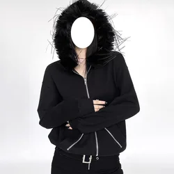 2025 BF Loose Large Fur Collar Hooded Zipper Sweatshirt Women's Minimalist Harajuku Crop Jacket Winter Outfits Letter Streetwear