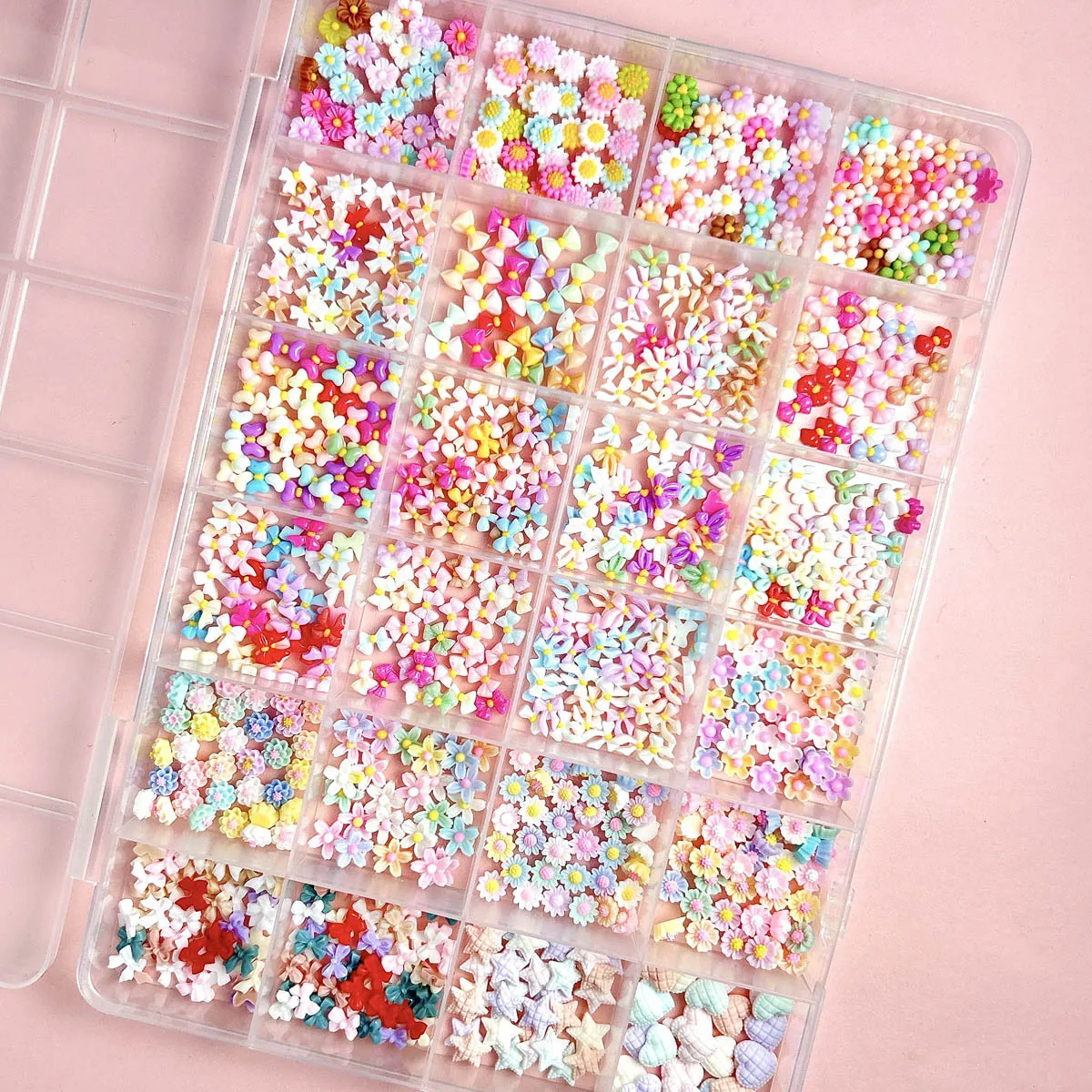 

1Box Multiple Style Bows Flowers Mixed Nail Charms Colorful Mini Tie Daisy Minimalist Heart Star Resin Nail Art Decorations DIY