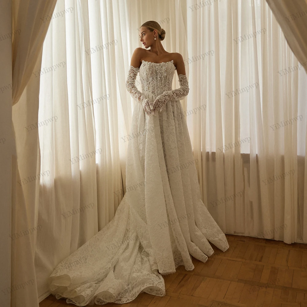 

Lace A Line Wedding Dress Strapless Bride Gown Elegant Full Sleeve A-Line Applique Bridal Dress Customized vestidos de novia
