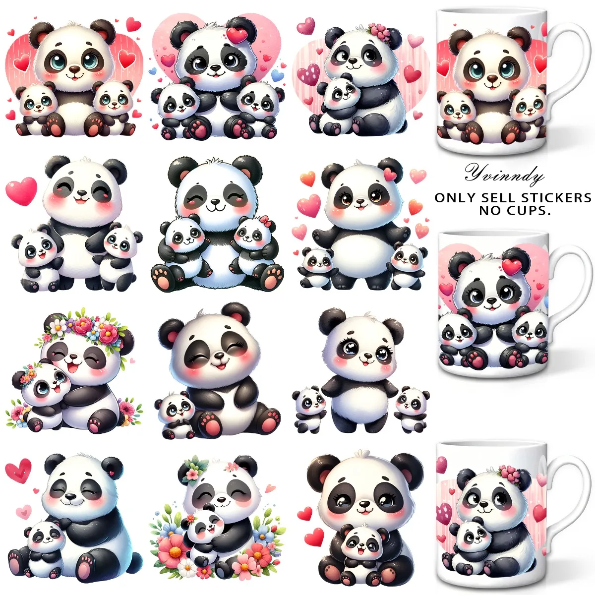 12 Stück/Set Muttertags-Panda UV DTF DIY Transferaufkleber für DIY-Tassen, Computer, Scrapbook usw. Nur Aufkleber