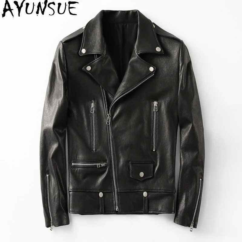 

AYUNSUE Vegetable-tanned Leather Motorcycle Jacket Men Real Sheepskin Genuine Leather Jackets Man Outerwear Abrigos De Cuero