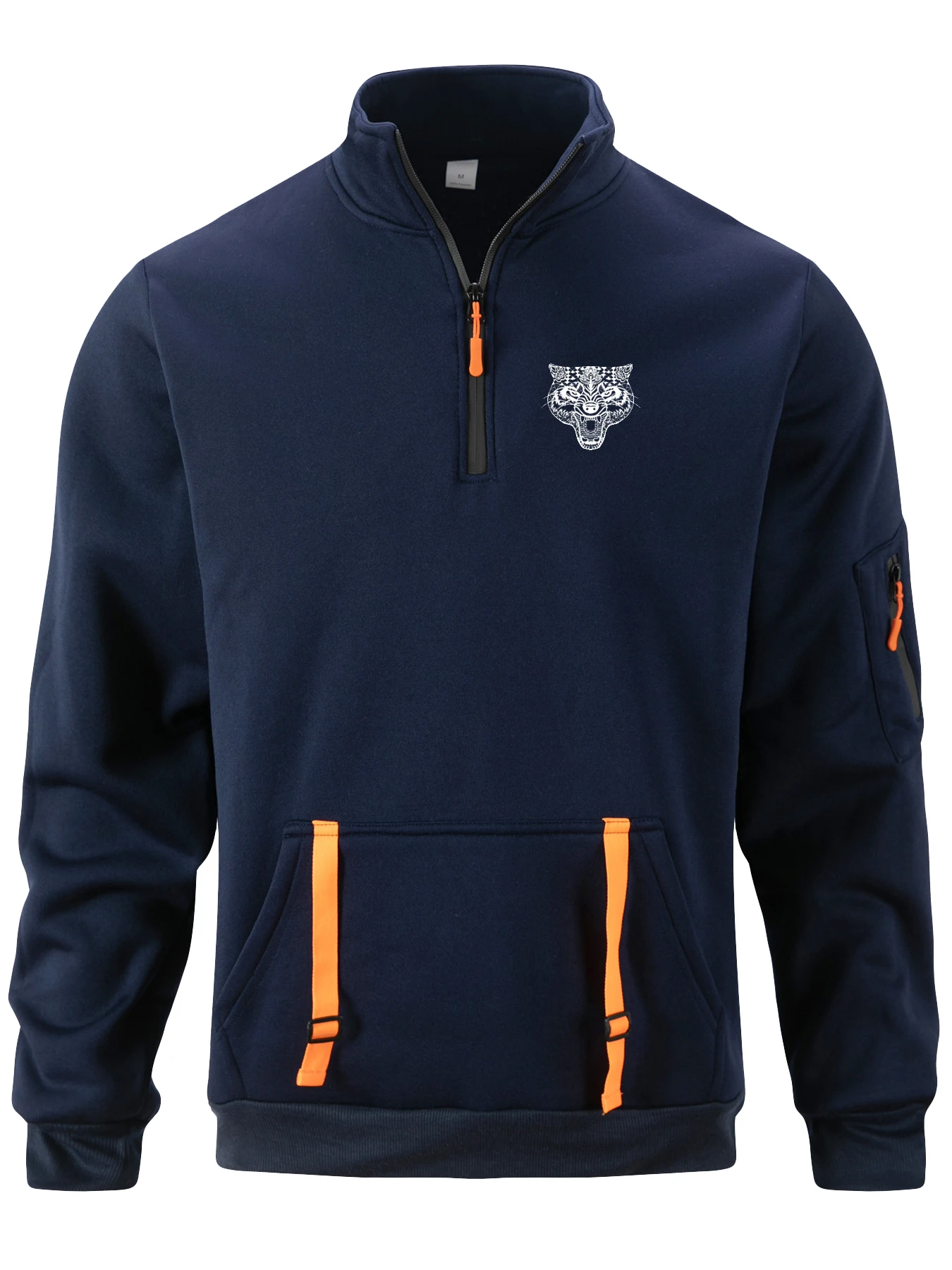 

New men's spring-autumn pullover with zipper stand collar, sport print pattern on the arm, pure color top
