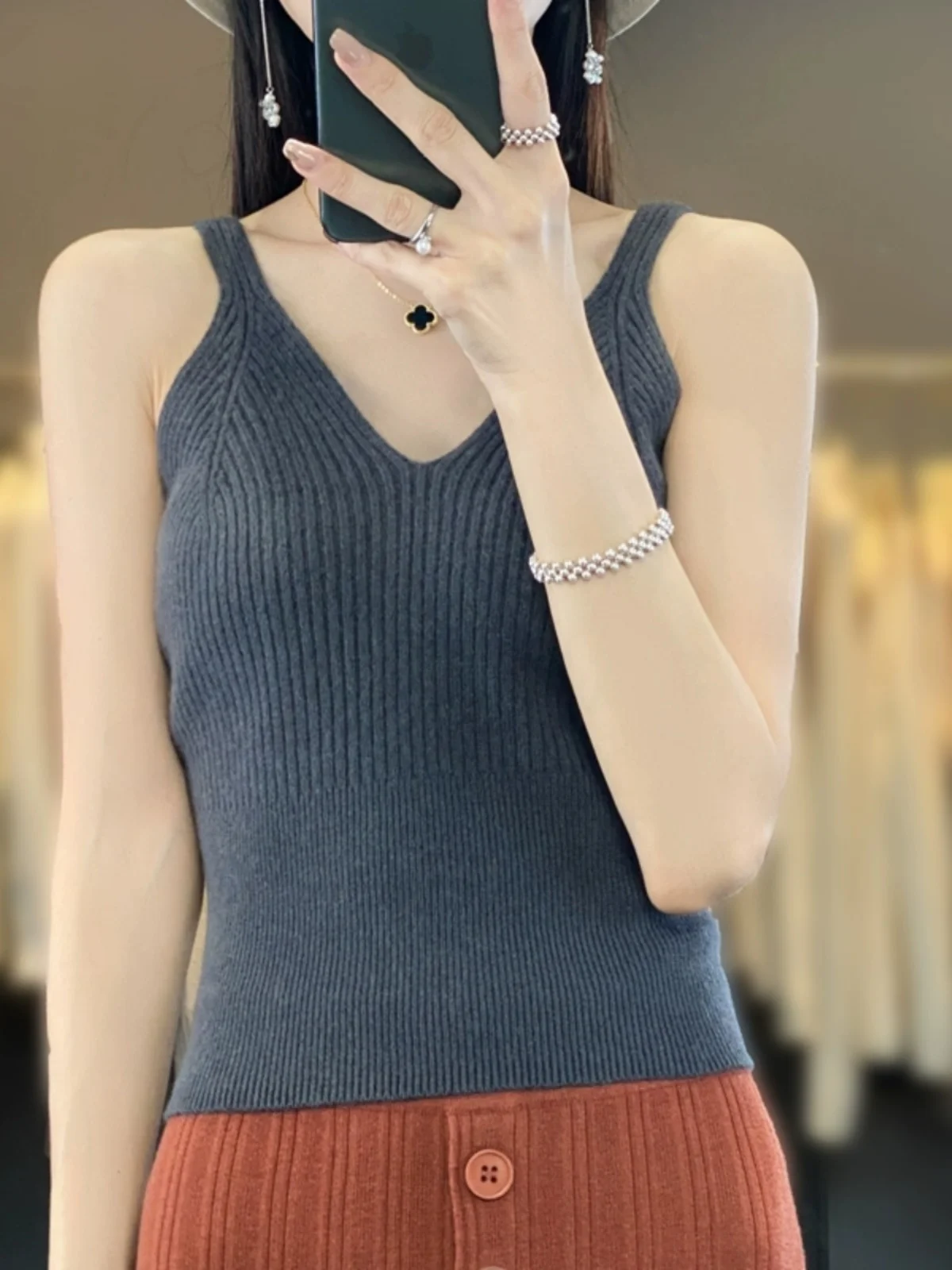 2024 Women V-neck 100% Wool Short Tank Ribbed Camisole Slim Fit Soft Spring Inner Match Y2k Knitted Sleeveless Sweater Crop Tops