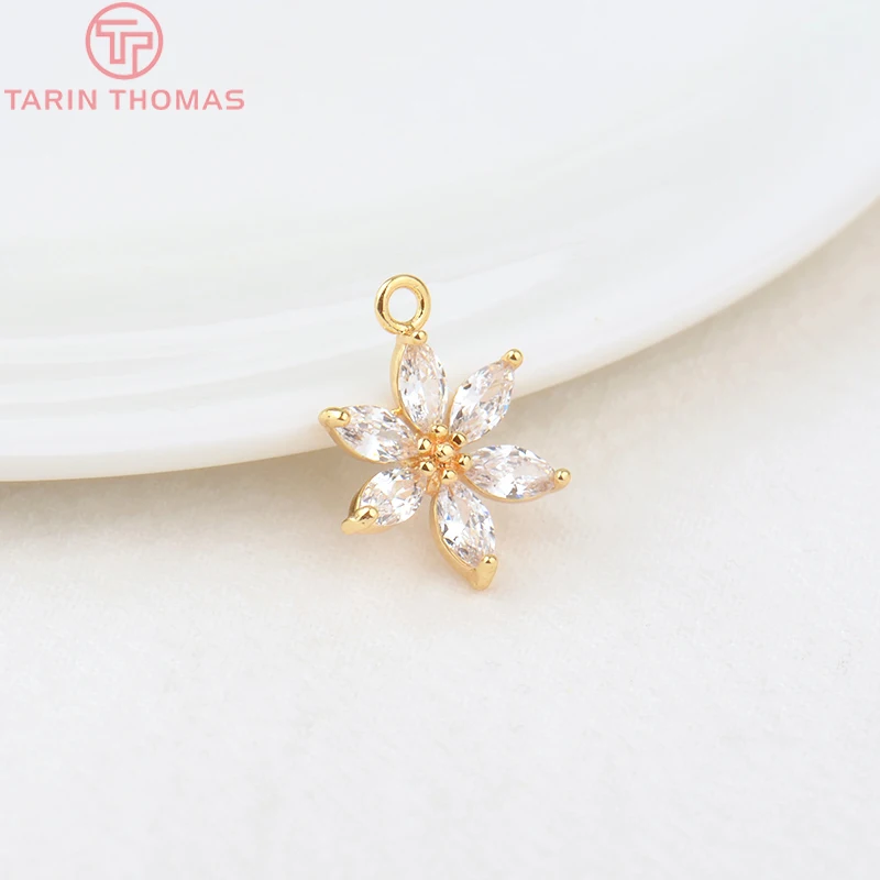 (908)4PCS 18.5*13.5MM 24K Gold Color Brass with Zircon Flower Charms Pendants High Quality Diy Jewelry Findings Accessories