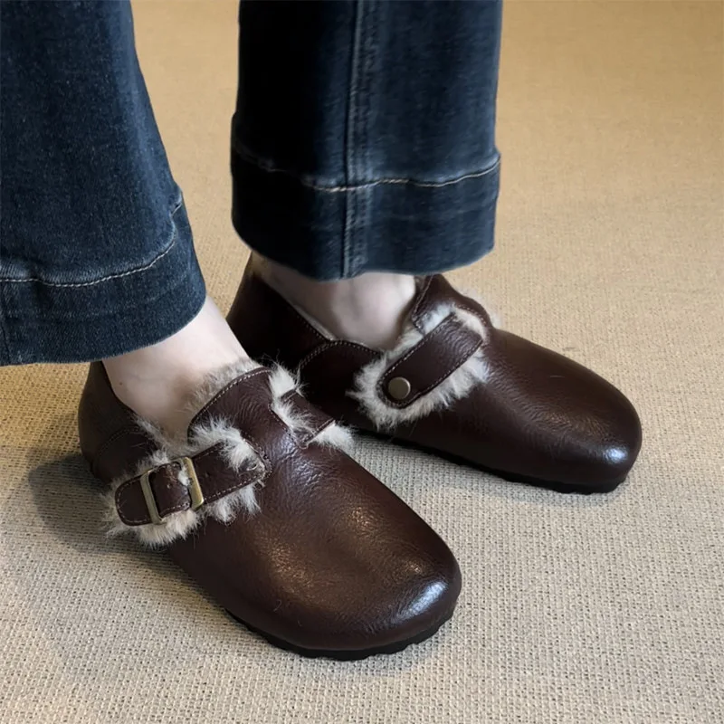 2024 Sheepskin and Fur Integrated Birkenstocks Women's Winter Velvet New Flat-Bottomed Wool Cotton Shoes Retro Loafers